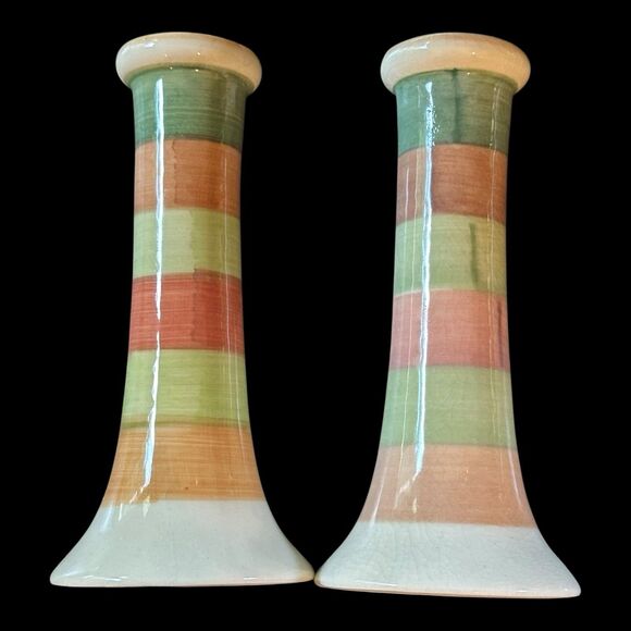 Pair of Vintage Horizontal Lines Striped Terracotta Taper/Pillar Candle Holders - Picture 2 of 8